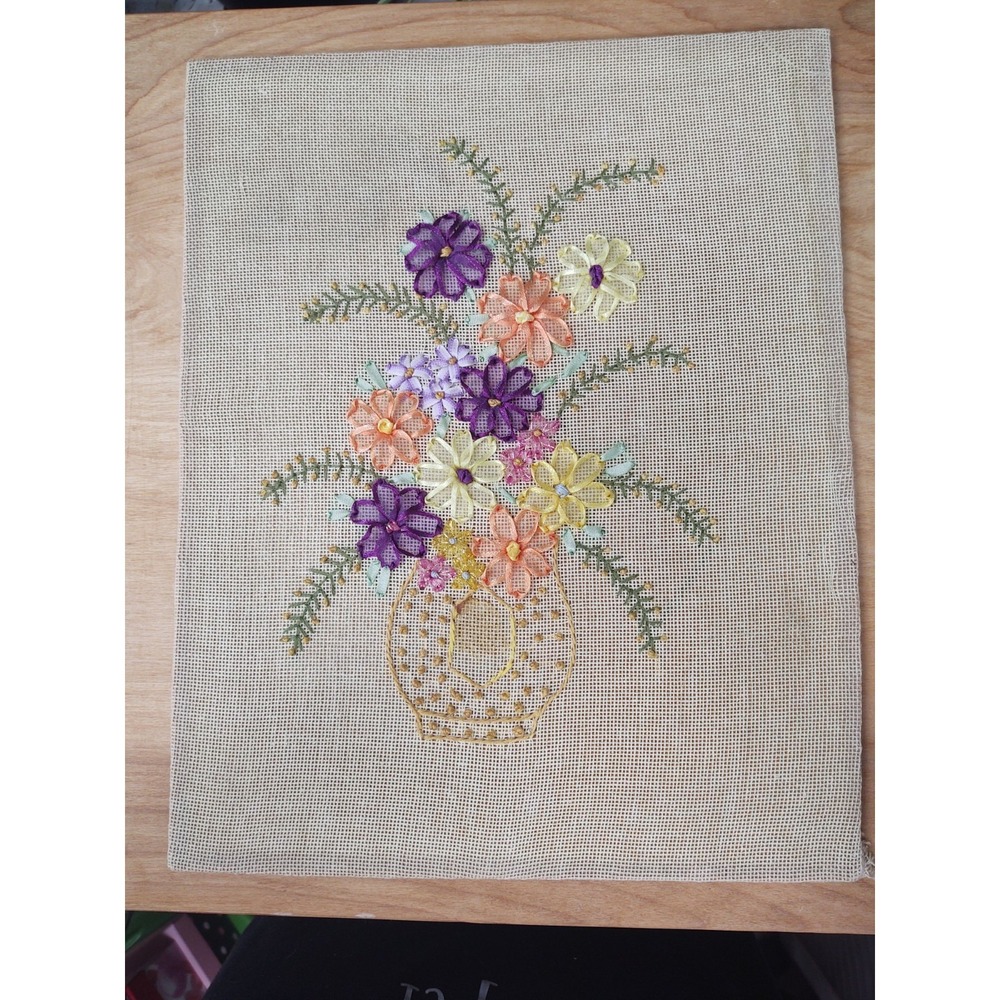 Completed Ribbon Art Flowers in a Vase On Wood Board 11 X 14